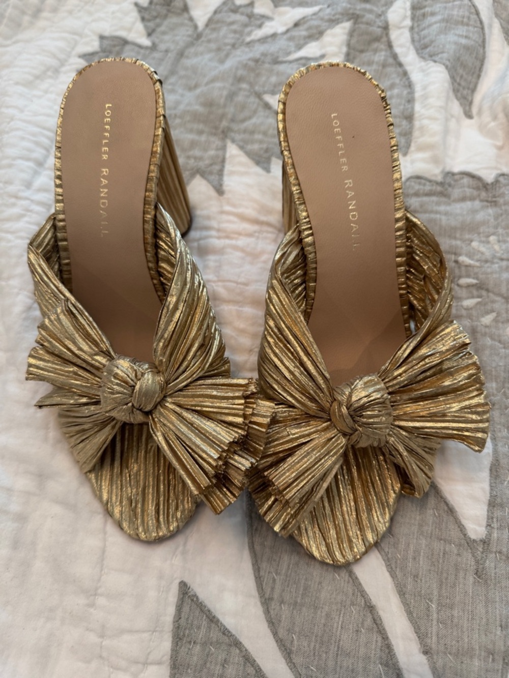 Loeffler Randall metallic gold bow heels